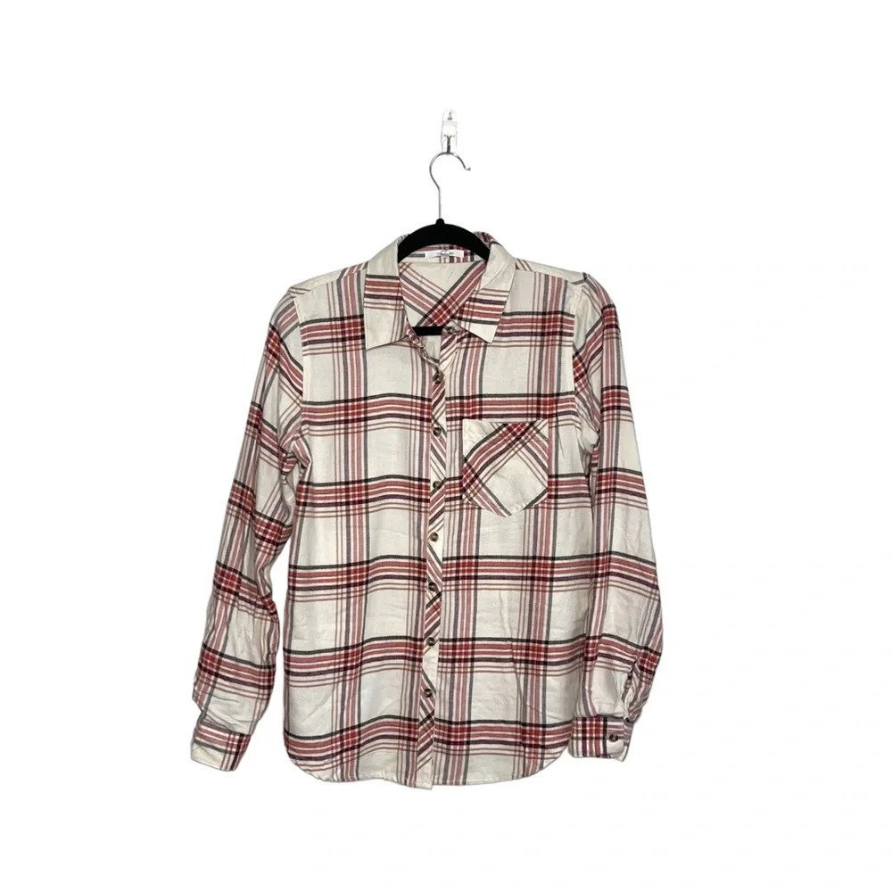 Maurices Cream & Pink Button Down Cabin Plaid Shirt Small Women’s